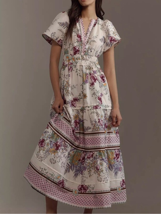 Anthropologie Dresses & Skirts - Anthropologie Cream Midi Dress with Purple & Yellow Floral Print